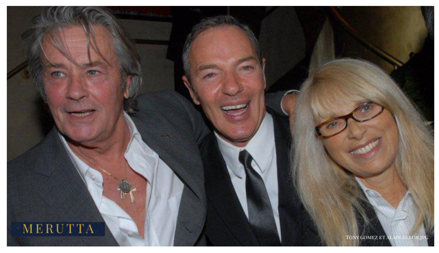 Alain Delon with Tony Gomez and Mireille Darc — Merutta World Society archive, 2025