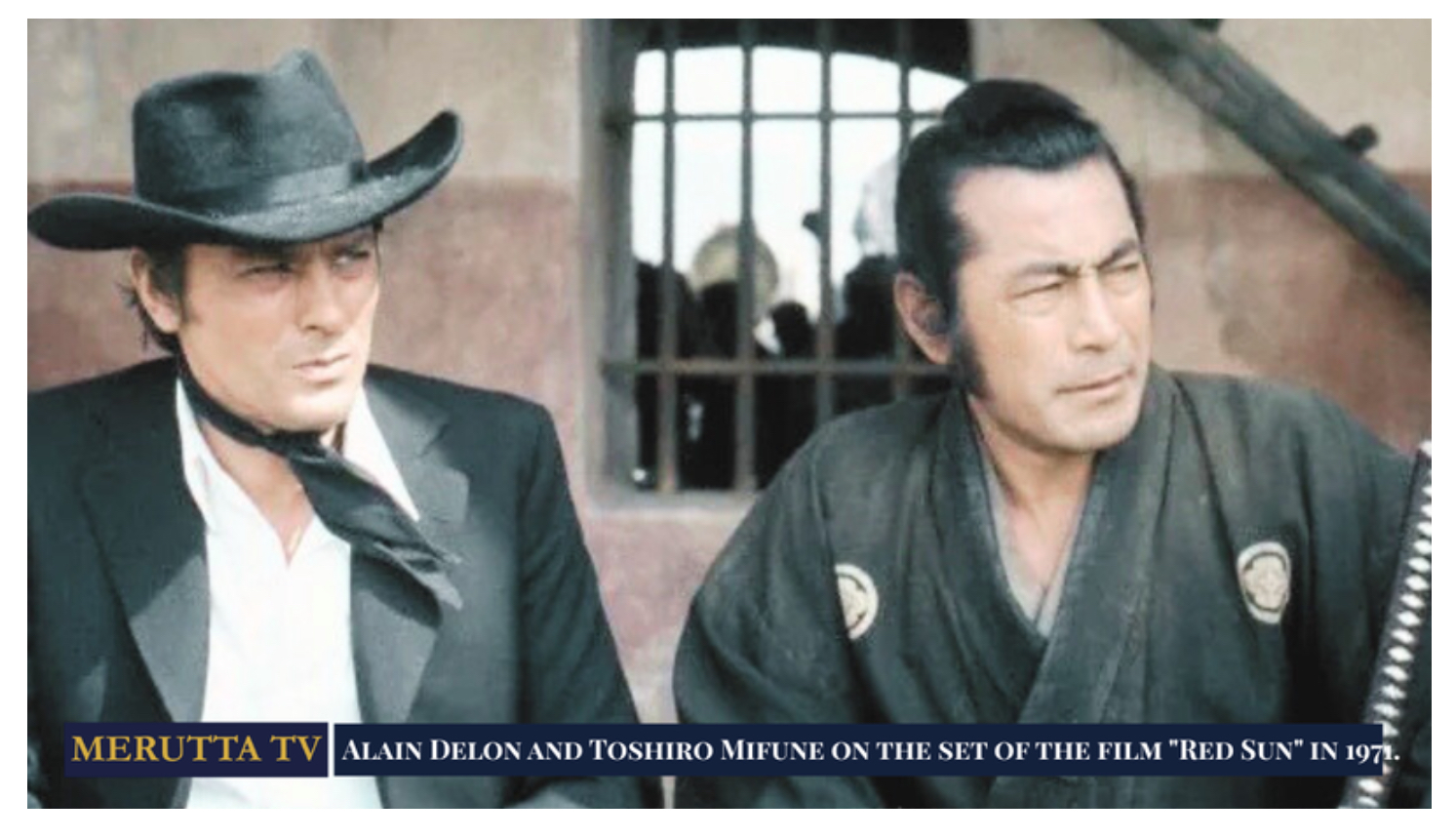 Toshiro Mifune and Alain Delon on the set of “Red Sun” (1971)