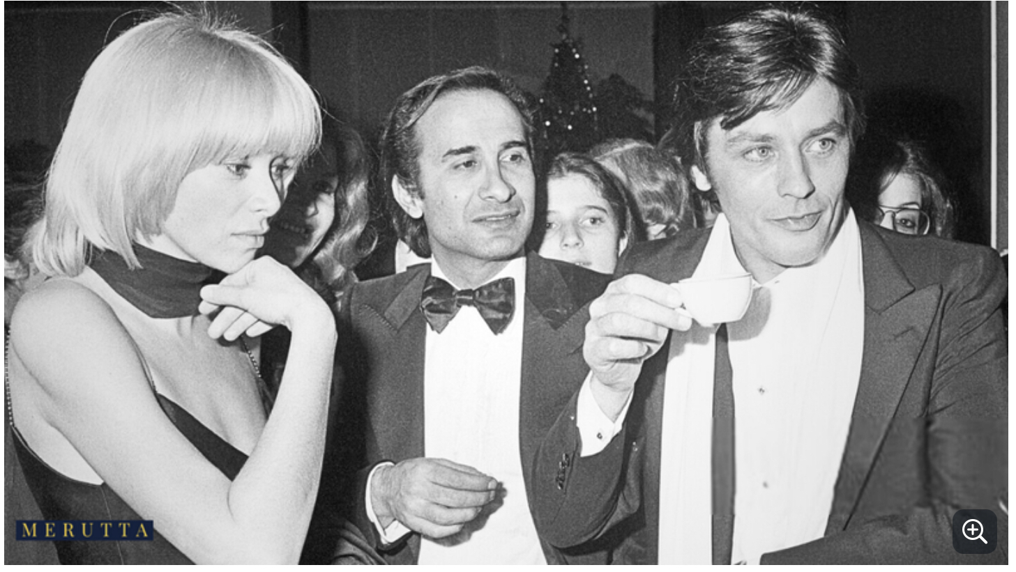 Mireille Darc and Alain Delon at the Valentino d’Oro awards ceremony in Lecce 1974 — French cinema legends and timeless icons of elegance.